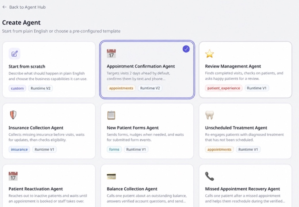 Savvy Agents Agent Hub template library with Appointment Confirmation Agent selected