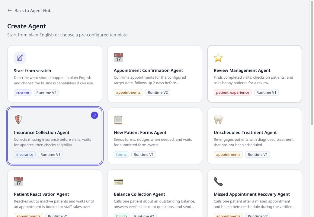 Savvy Agents Agent Hub template library with Insurance Collection Agent selected