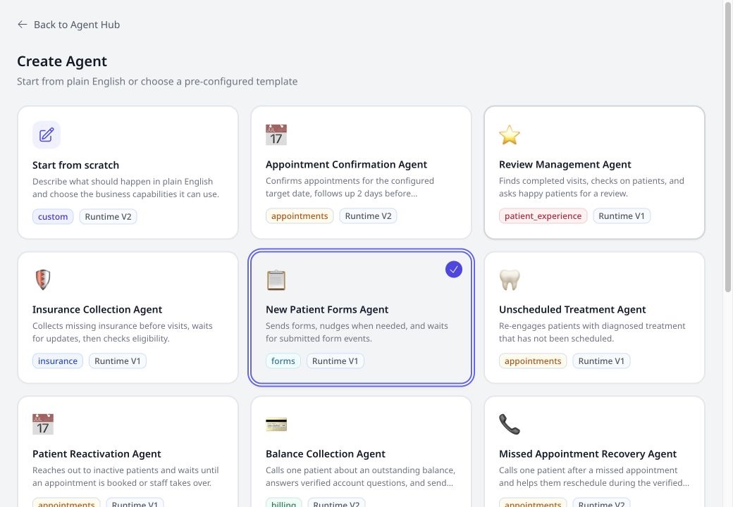 Savvy Agents Agent Hub template library with New Patient Forms Agent selected