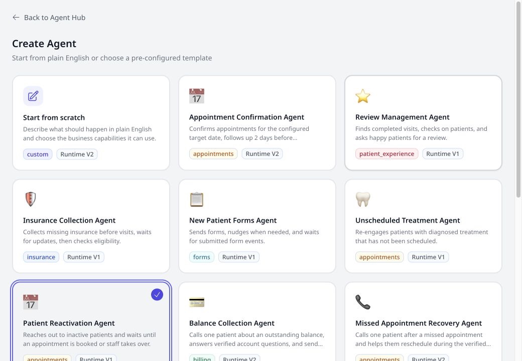 Savvy Agents Agent Hub template library with Patient Reactivation Agent selected