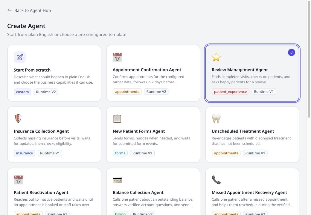 Savvy Agents Agent Hub template library with Review Management Agent selected