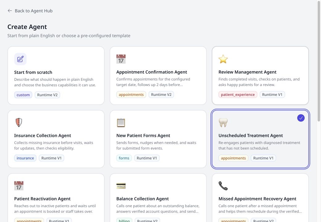 Savvy Agents Agent Hub template library with Unscheduled Treatment Agent selected
