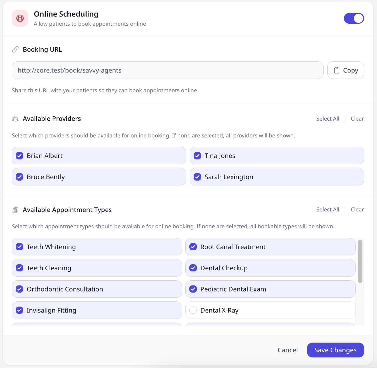 Online Scheduling Dashboard Settings